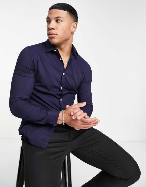 ASOS DESIGN stretch slim fit work shirt in navy