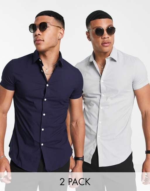 ASOS DESIGN 2-pack stretch slim fit work shirts in navy & gray