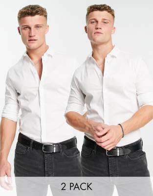 Asos Design 2-pack Stretch Slim Fit Work Shirts In White - Save-multi
