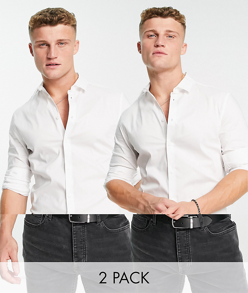 ASOS DESIGN 2-pack stretch slim fit work shirts in white - SAVE-Multi