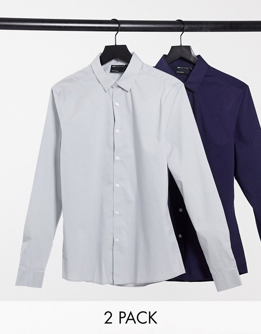 ASOS DESIGN 2 pack stretch slim shirt in navy/grey