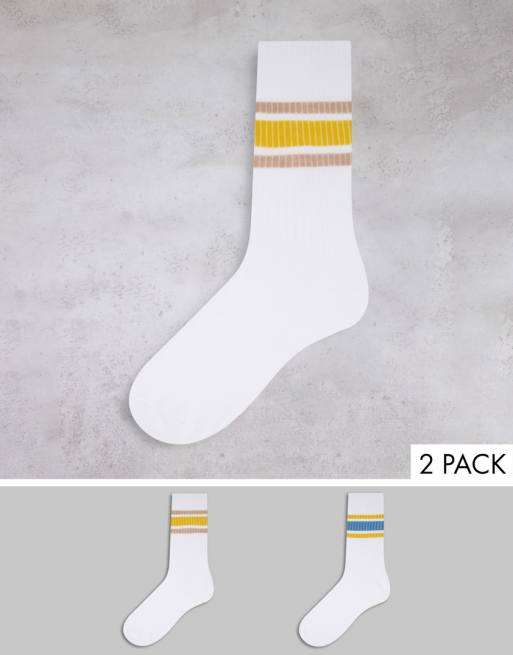 ASOS DESIGN 2 pack stripe socks in blue and mustard ASOS