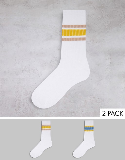 ASOS DESIGN 2 pack stripe socks in blue and mustard