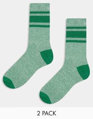 ASOS DESIGN 2 pack striped socks in green-White