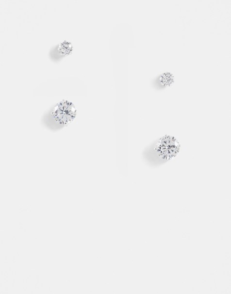 ASOS DESIGN 2 pack stud earring set with crystal in silver - view 1