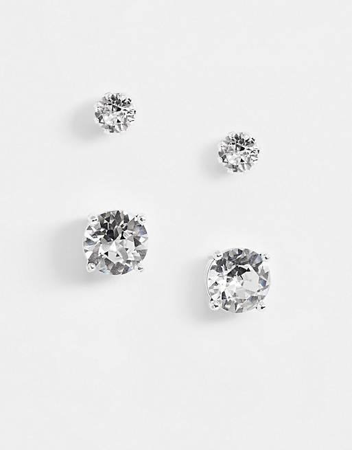 ASOS DESIGN 2-pack stud earrings set with crystal in silver tone