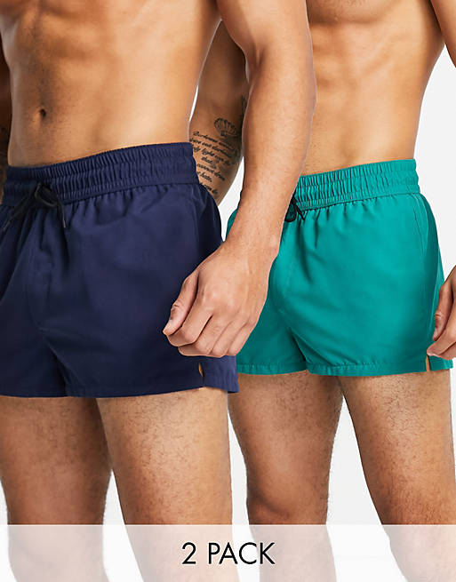ASOS DESIGN 2 pack super short swim shorts in green and navy save