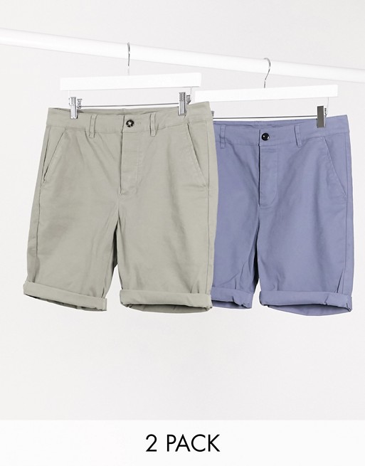 ASOS DESIGN 2 pack super skinny chino shorts in khaki & blue save