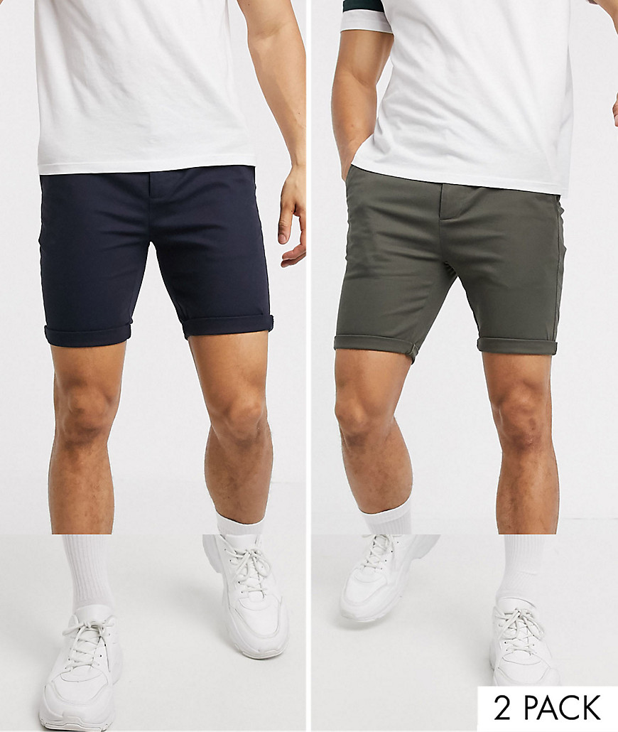 ASOS DESIGN 2 pack super skinny chino shorts in navy & khaki save-Multi