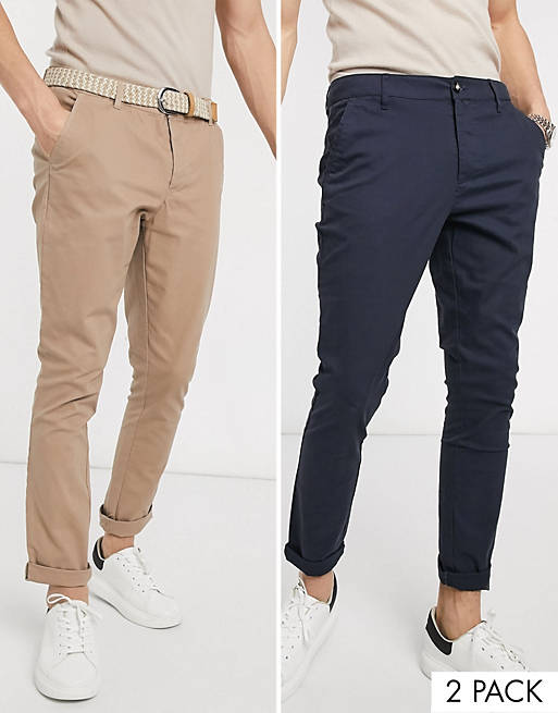 ASOS DESIGN 2 pack super skinny chinos in navy & stone save
