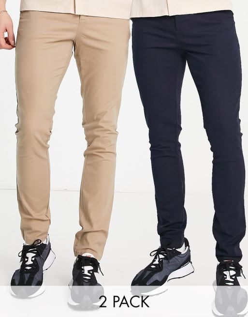 ASOS DESIGN 2 pack super skinny chinos in navy & stone