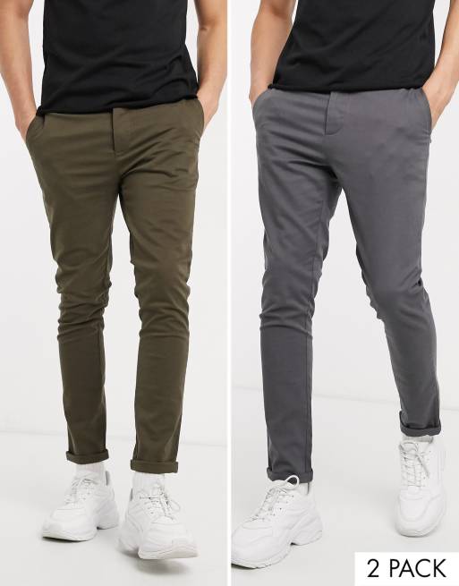 ASOS DESIGN 2 pack super skinny chinos in washed black & dark khaki ...