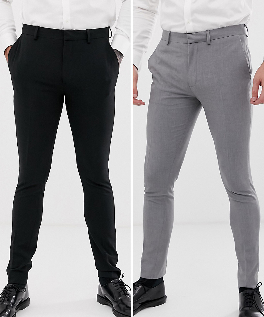 ASOS DESIGN 2 pack super skinny smart trousers in black and grey SAVE-Multi