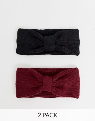 ASOS DESIGN – 2-pack svarta och vinröda ribbade hårband i återvunnen polyester-Flerfärgad