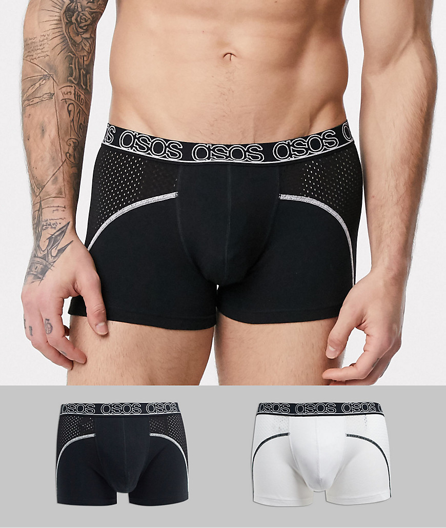 ASOS DESIGN – 2-pack svarta och vita trunks i mesh med kontrastresår-Flerfärgad