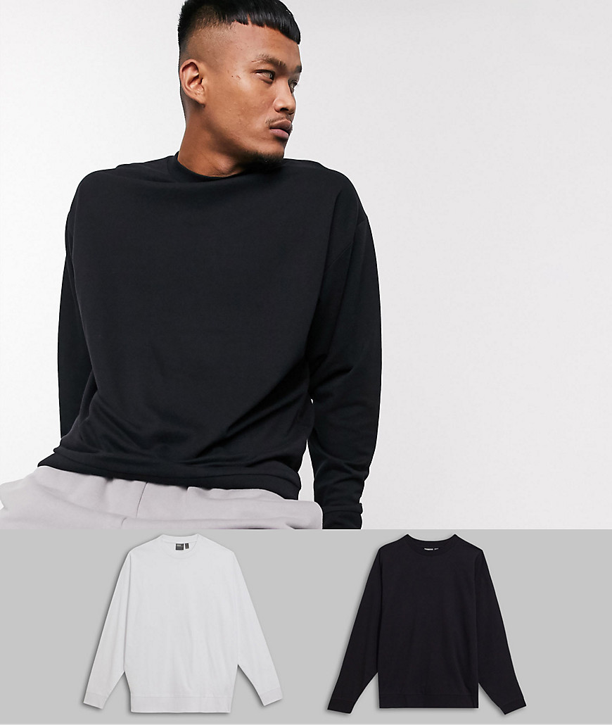 ASOS DESIGN – 2-pack svarta/vita, lätta sweatshirts i oversize-modell-Flerfärgad