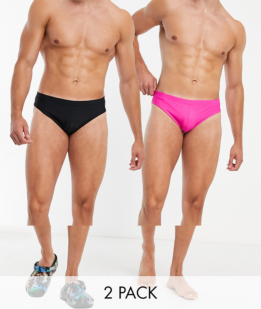 ASOS DESIGN 2 pack swim briefs in bright pink and black save-Multi
