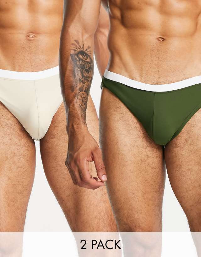 ASOS DESIGN 2 pack swim briefs with contrast white tipping in dark green/beige SAVE