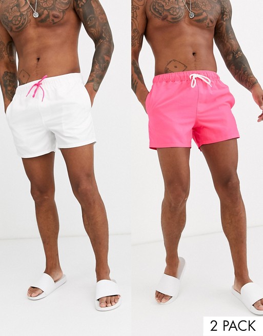 ASOS DESIGN 2 pack swim short in neon pink and white short length save