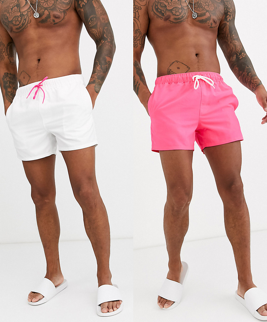 ASOS DESIGN 2 pack swim short in neon pink and white short length save-Multi
