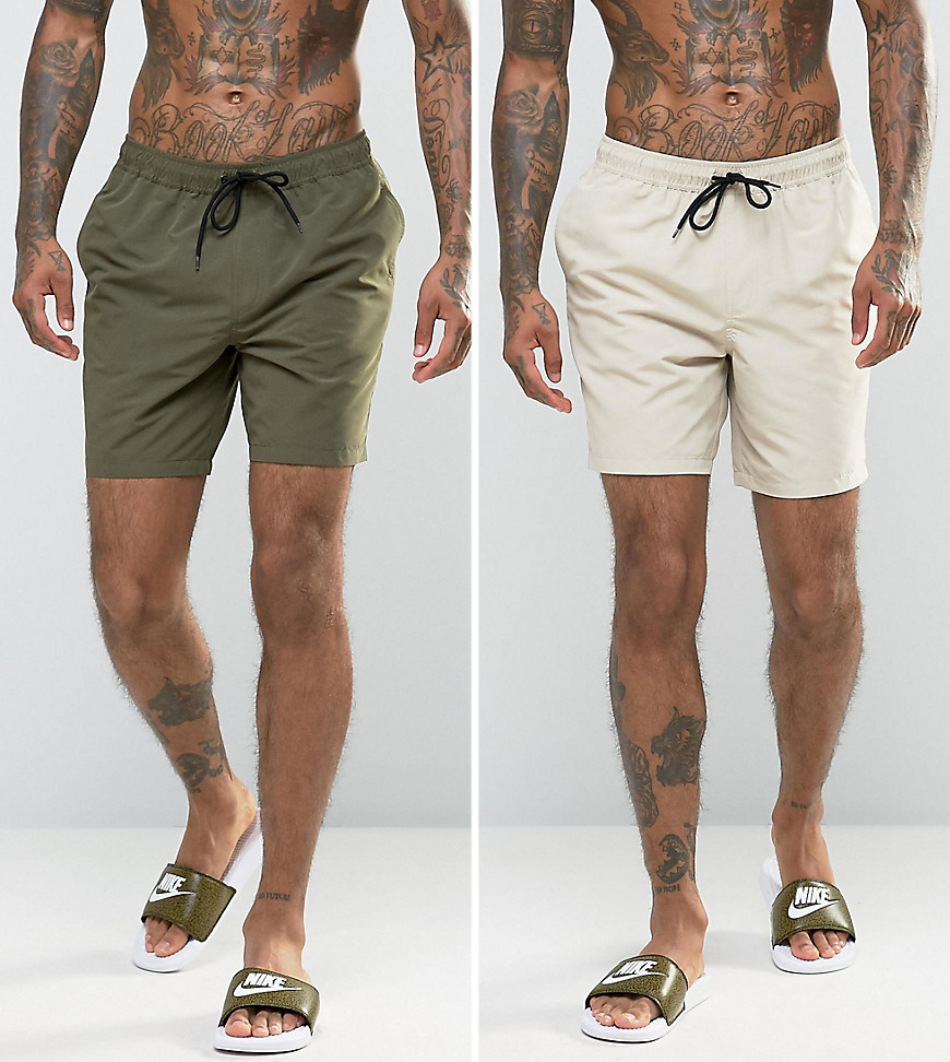 ASOS DESIGN 2 pack swim shorts 2 pack in khaki & stone mid length save-Multi