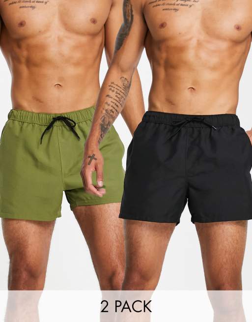 ASOS DESIGN 2 pack swim shorts in black and khaki short length save