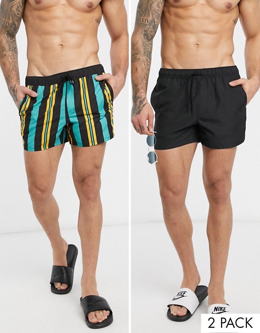 ASOS DESIGN 2 pack swim shorts in black and stripe print short length save