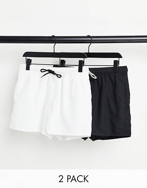 ASOS DESIGN 2 pack swim shorts in black & white save in short length