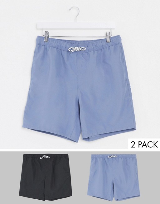 ASOS DESIGN 2 pack swim shorts in blue and black mid length save