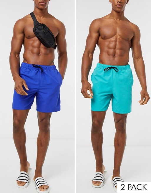 ASOS DESIGN 2 pack swim shorts in blue and teal mid length save