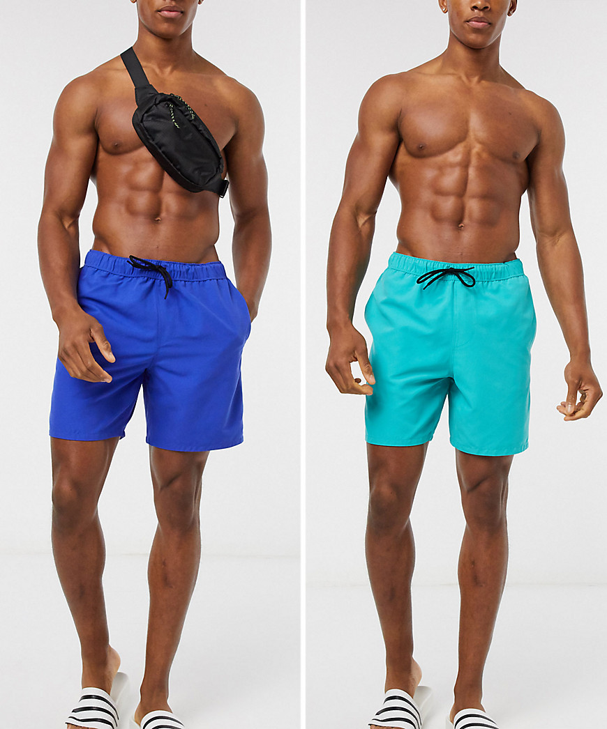 ASOS DESIGN 2 pack swim shorts in blue and teal mid length save-Multi