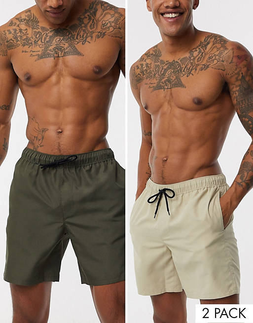 ASOS DESIGN 2-pack swim shorts in khaki and stone mid length save