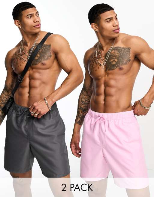 ASOS DESIGN 2 pack swim shorts in mid length in lilac/gray SAVE