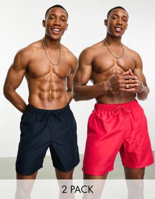 ASOS DESIGN 2 pack swim shorts in mid length in navy/red-Multi