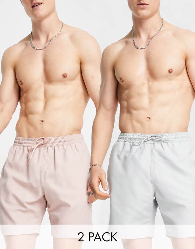 ASOS DESIGN 2 pack swim shorts in mid length in pink/light gray SAVE