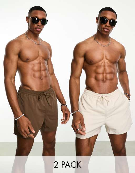 ASOS DESIGN 2 pack swim shorts in short length in brown and beige