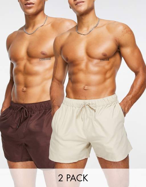 ASOS DESIGN 2 pack swim shorts in short length in brown/beige