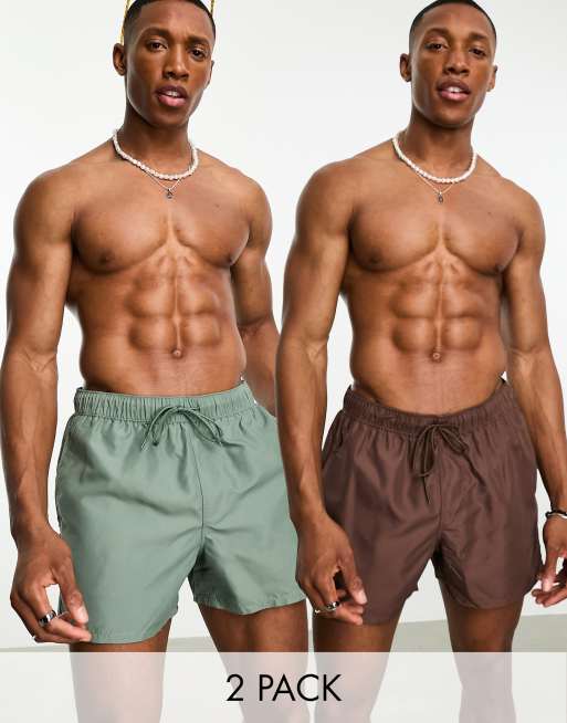 ASOS DESIGN 2 pack swim shorts in short length in brown/khaki SAVE