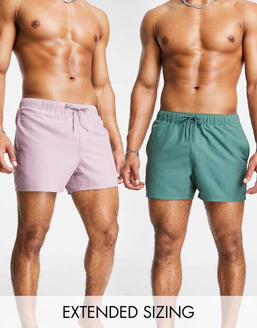 ASOS DESIGN 2 pack swim shorts in short length in dark green/purple