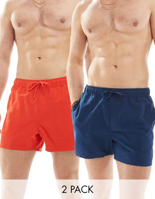 ASOS DESIGN 2 pack swim shorts in short length in navy/red