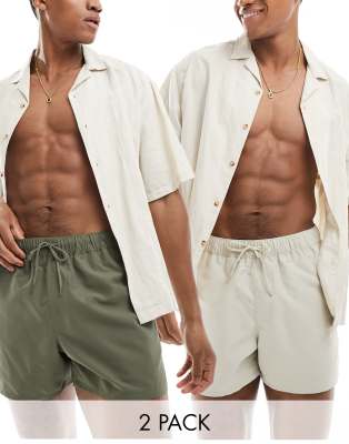 Asos Design 2-pack Swim Trunks In Khaki And Stone Mid Length - Save-multi