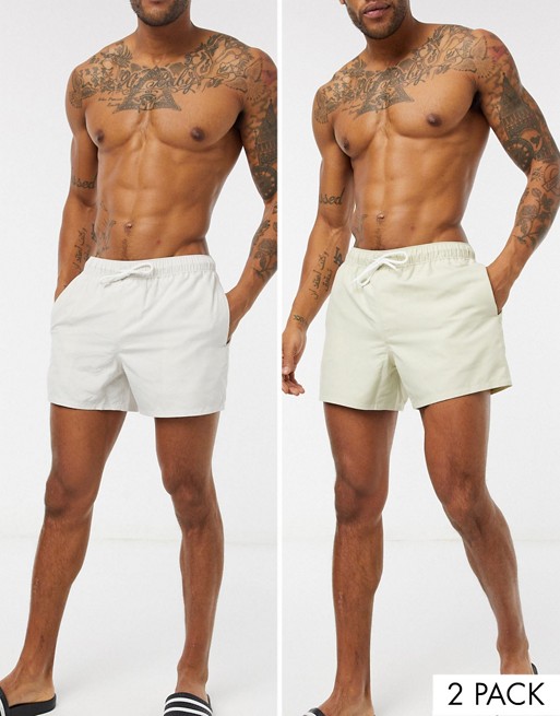 ASOS DESIGN 2 pack swim shorts in stone and grey short length save