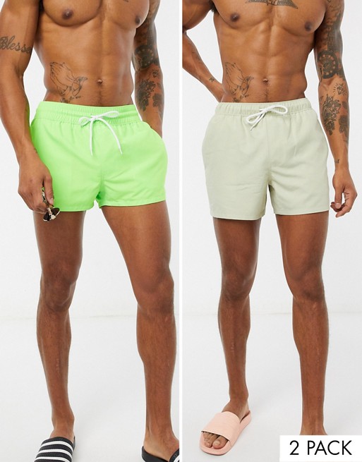 ASOS DESIGN 2 pack swim shorts in stone and neon green super short length save