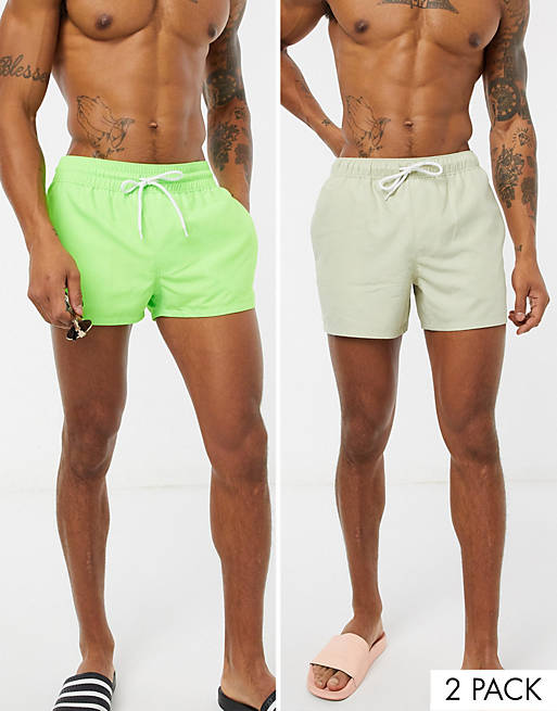 ASOS DESIGN 2 pack swim shorts in stone and neon green super short ...