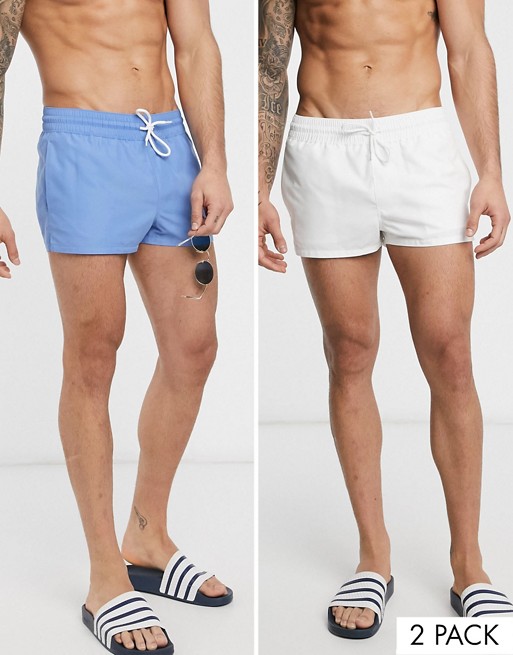 ASOS DESIGN 2 pack swim shorts in white and blue super short length save