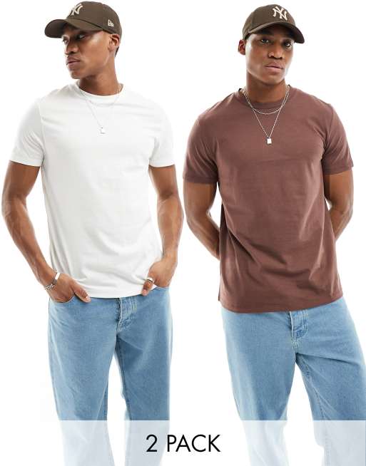 ASOS DESIGN 2 pack t shirt in brown and white