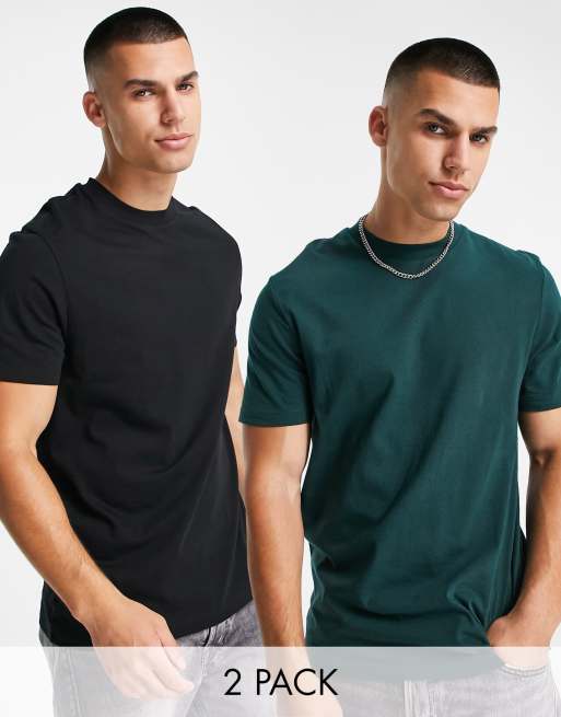 ASOS DESIGN 2 pack t-shirt with crew neck in black and green