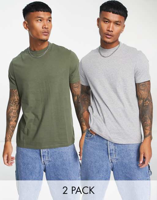 ASOS DESIGN 2 pack t-shirt with crew neck in khaki and grey | ASOS