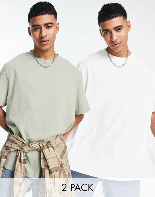 ASOS DESIGN 2 pack t-shirt with crew neck in khaki and white