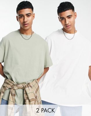 ASOS DESIGN 2 pack t-shirt with crew neck in khaki and white